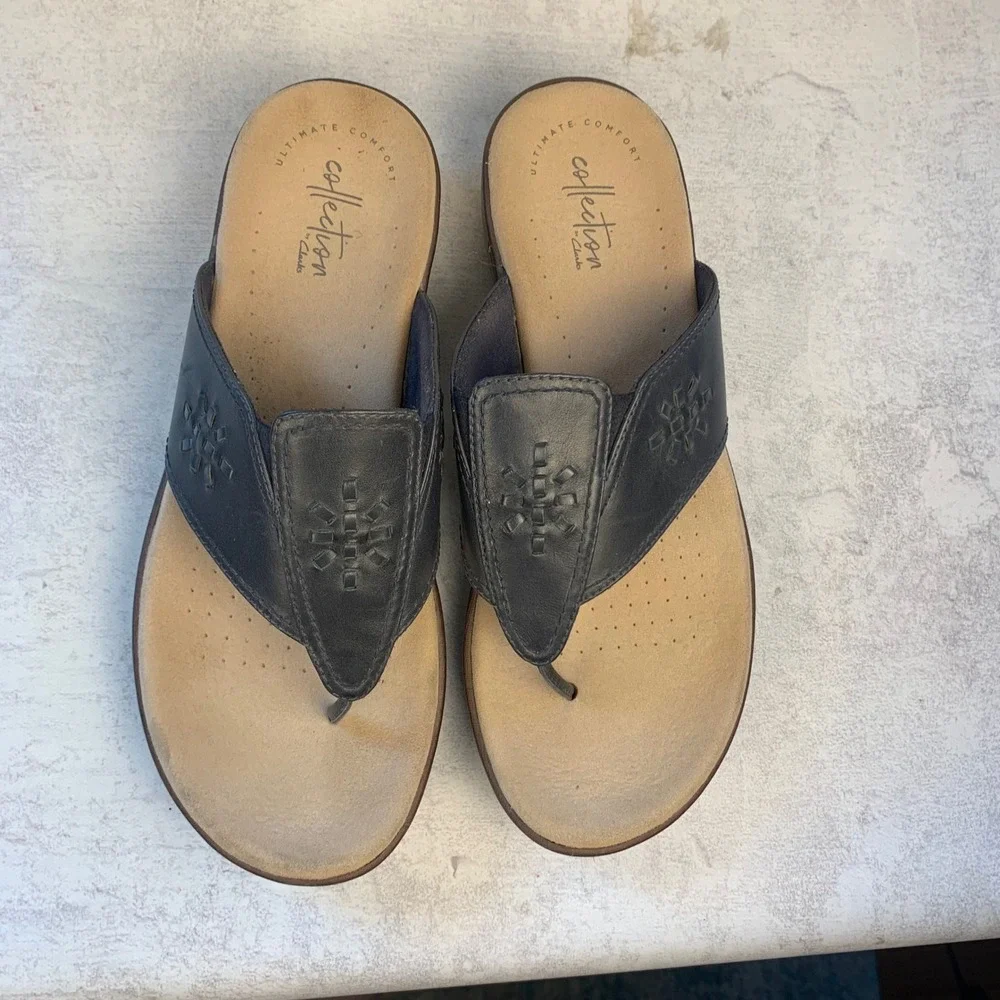 Clarks 8 Sandals Dark Gray Arla Glison Thong Wedge Comfort 261406874055